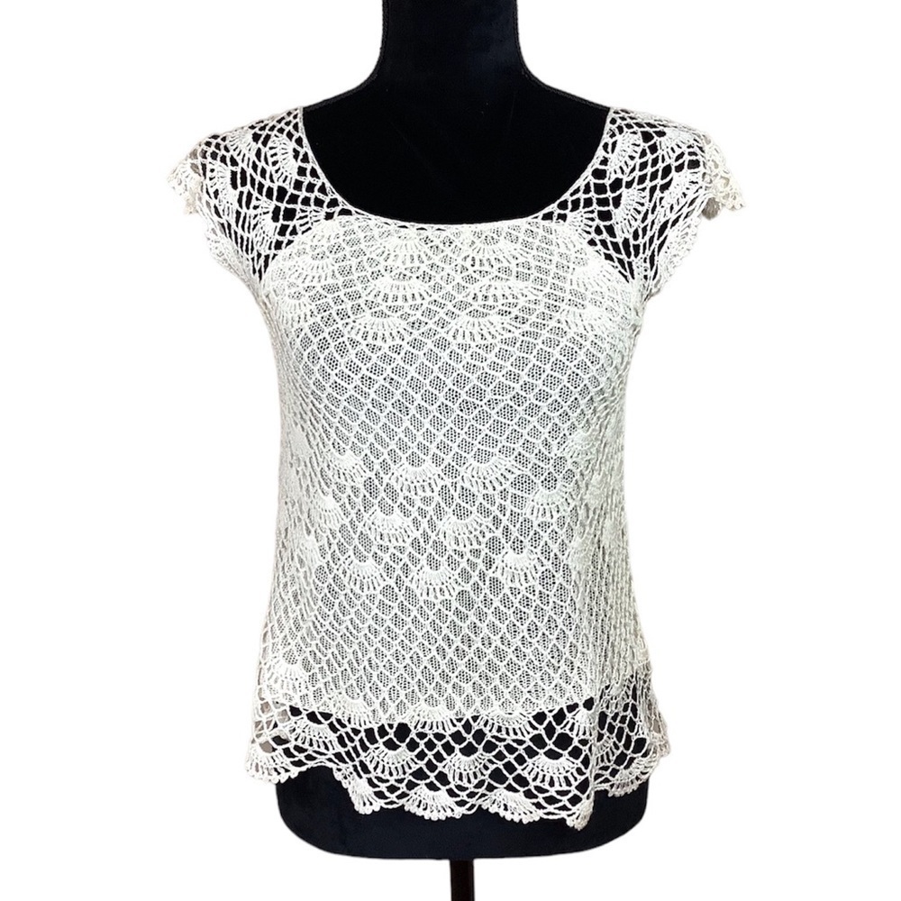CROCHET HANDKNIT TRENDY IVORY SILK COTTON TOP